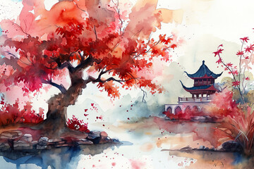 A painting of a tree with red leaves and a building in the background