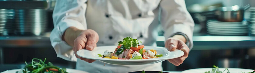 A chef presenting a signature dish with flair in a vibrant kitchenultra HD - obrazy, fototapety, plakaty