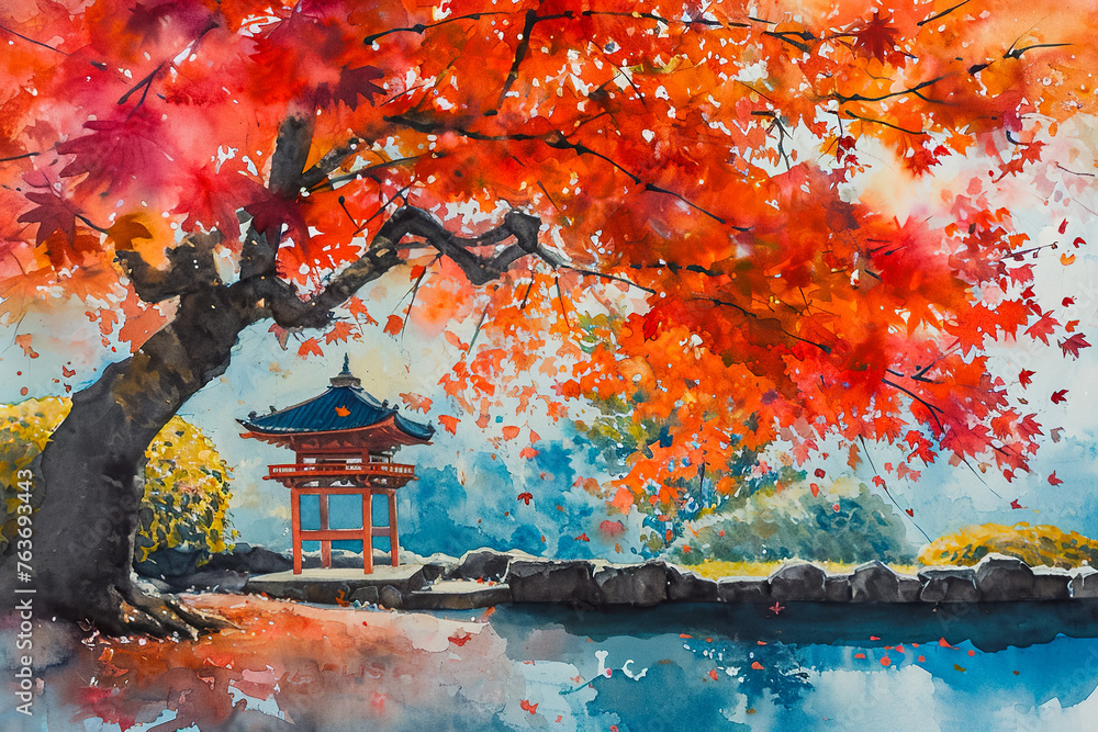 Poster a painting of a tree with red leaves and a building in the background