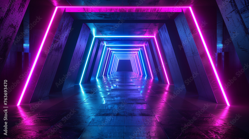 Aufkleber futuristic sci-fi abstract blue and purple neon light shapes on black background and reflective conc