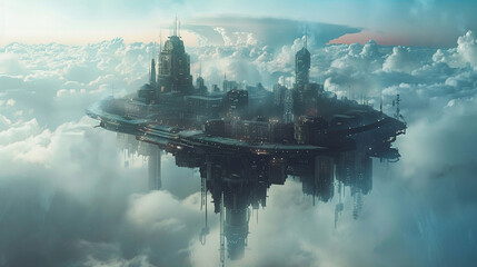 A futuristic city floating in the sky among the cloudsultra HD - obrazy, fototapety, plakaty