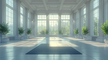 The gym white interior with a black yoga mat, big windows, and no people .