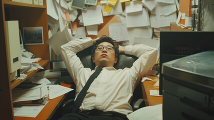An overworked Asian office worker taking a nap during his break in his messy cubicle.