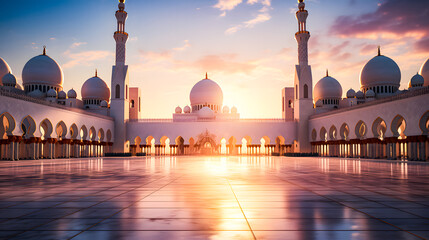 Fototapeta premium Mosque background for Ramadan and Eid Mubarak greetings. Beautiful sunrise Mosque with colorful clouds 
