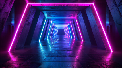 Futuristic Sci-Fi Abstract Blue And Purple Neon Light Shapes On Black Background And Reflective Concrete With Empty Space For Text 3D Rendering Illustration