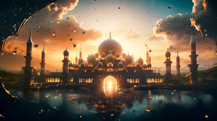 Obraz premium Mosque background for Ramadan and Eid Mubarak greetings. Beautiful sunrise Mosque with colorful clouds 