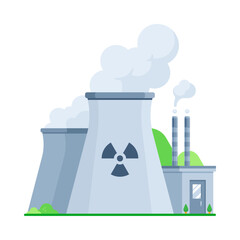 A nuclear power plant with cooling towers in flat vector illustration style isolated on white background, representing the concepts of energy production and nuclear technology © Artster