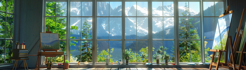 Art studio with large windows and a peaceful mountain viewultra HD