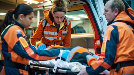 A stretcher with a patient on it is being carefully transferred from the ambulance to the emergency department by a team of paramedics and hospital staff. - obrazy, fototapety, plakaty