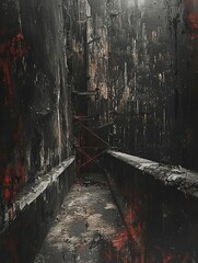 Envision a captivating composition of haunted enclaves, seen from a worms-eye view Highlight the contrast between decaying structures and looming shadows to evoke a sense of mystery and intrigue