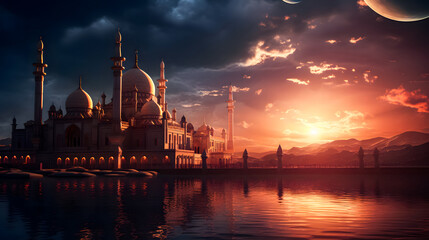 Fototapeta premium Mosque background for Ramadan and Eid Mubarak greetings. Beautiful sunrise Mosque with colorful clouds 