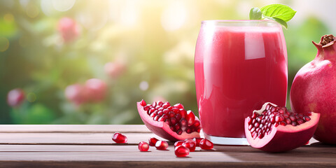  Fresh pomegranate juice with pomegranate fruit on wooden table and  natural garden background Still life of healthy pomegranate smoothie
 