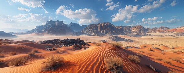 Showcase the mystique of untouched wilderness from a worms-eye view in a desert biome, capturing the surreal beauty of vast sand dunes, rocky outcrops - obrazy, fototapety, plakaty
