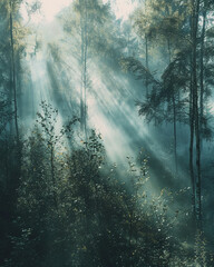 Fototapeta premium Misty Forest Morning with Sunbeams Through the Trees8K