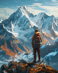 Mountaineer Overlooking a Range of Snow-Capped Peaks8K resolution - obrazy, fototapety, plakaty
