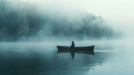 Mystic fog rolling over a lake with a lone fisherman in a boat8K resolution - obrazy, fototapety, plakaty