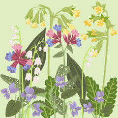 spring flowers, cowslip, lungwort, lily-of-the-valley and wild pansy, vector drawing wild plants at green background, floral composition, hand drawn botanical illustration