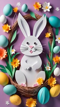 Easter themed vertical image with paper cut bunnies, colorful eggs and spring flowers with . blinded by generative Ai