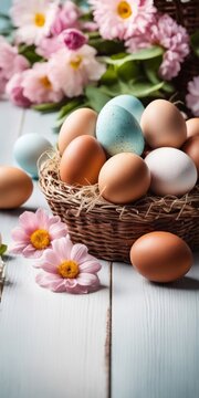 A vibrant Easter banner featuring a basket of painted eggs adorned with delicate flowers and foliage