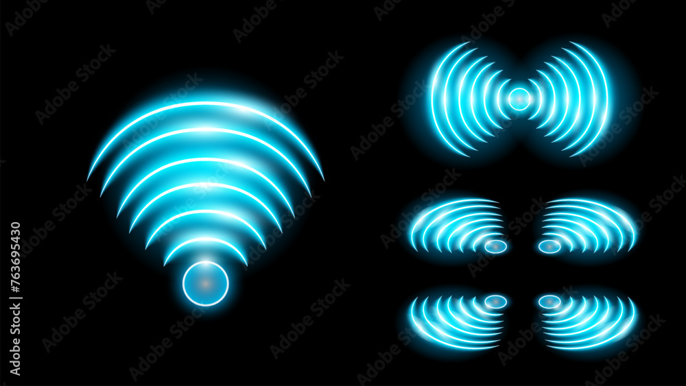 Poster wi-fi light and wireless networking collection. glowing blue signal wifi sensor waves internet wirel