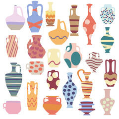 vector drawing set of vase, flowerpots, jags and pitchers with ornaments and stripes isolated at white background, hand drawn illustration