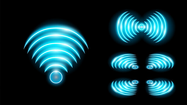 Wi-Fi light and wireless networking collection. Glowing blue signal wifi sensor waves internet wireless concept. Wireless wi fi technology digital radar or sonar with glowing light effect. Vector.