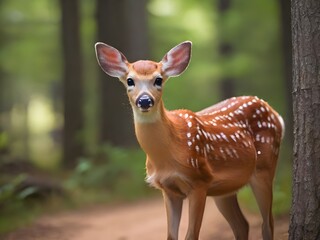 White tailed deer fawn witj hind on natural trail in n