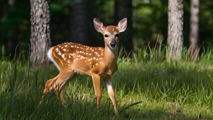 White tailed deer fawn witj hind on natural trail in n