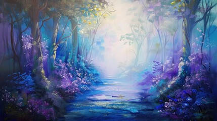 Obraz na płótnie Canvas Enchanted forest painting with vibrant blue and purple hues, showcasing dreamy pathway surrounded by lush foliage and blooming flowers. Artistic representation of mystical landscap