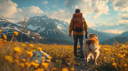Person with dog on the meadow looking on the mountains - obrazy, fototapety, plakaty