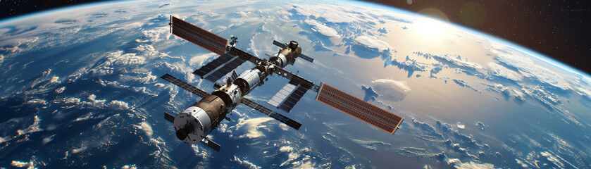Space station module docking in orbit around Earth8K resolution