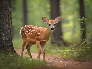 White tailed deer fawn witj hind on natural trail in n