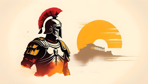 A t-shirt design featuring a silhouette of a roman centurion against a faded background