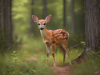 White tailed deer fawn witj hind on natural trail in n