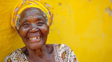 Happy african senior woman with yellow background outdoors in the city - Focus on face