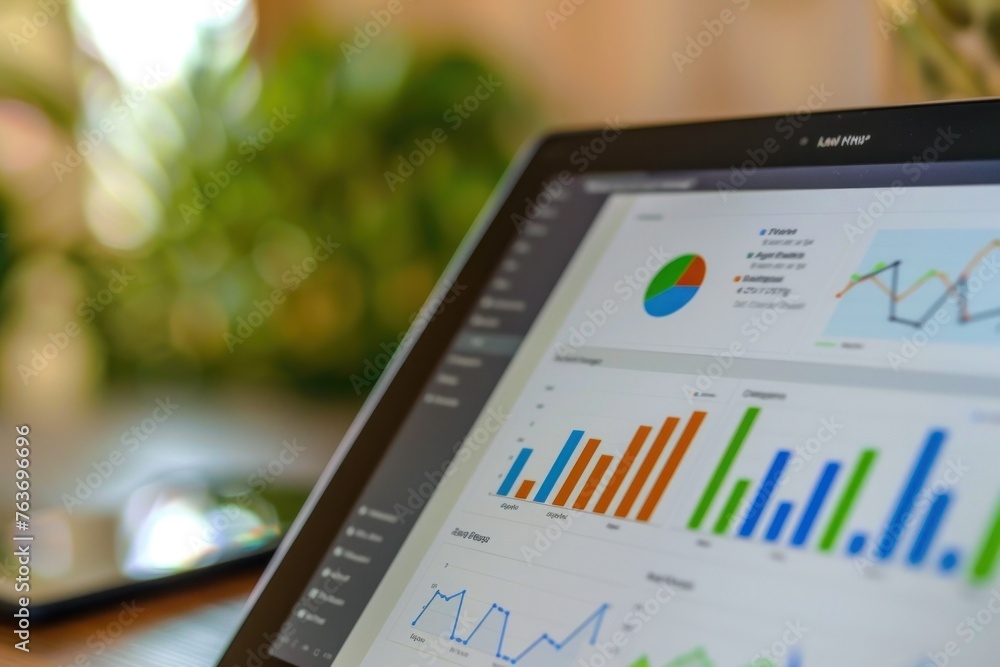 Poster professional business analyst working on digital tablet with financial data graphs and pie charts di