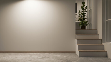Interior design of a modern, minimalist home corridor with a white wall, stairs, and cement floor.