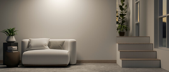 The interior design of a modern, minimalist white home corridor living room features a white couch.