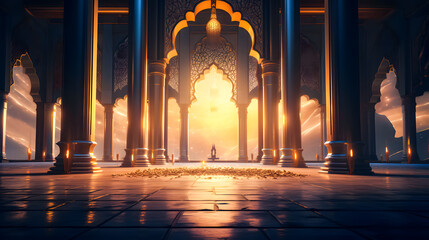 Ramadhan eid mubarak bakcground mosque praying hall with spiral pillars of stones and roof tiling illuminated with sunlight.  - obrazy, fototapety, plakaty
