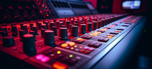 Equalizer audio mixer sound board inside a recording studio