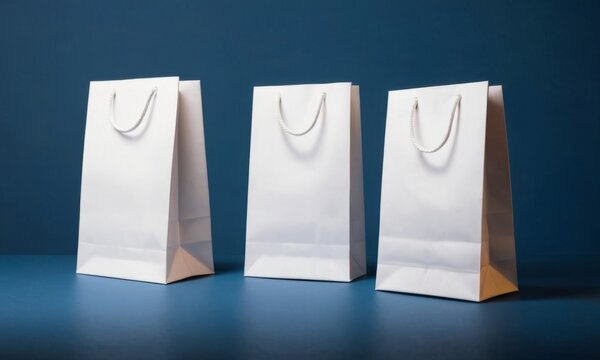 Minimalistic banner with White paper gift bag on a deep blue background with copy space. Concept of sale and shopping