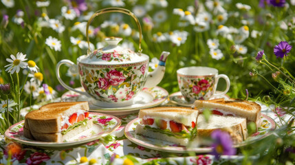 Fototapeta premium A picnic in a flowery meadow with a traditional English tea set and an assortment of delicate finger sandwiches.