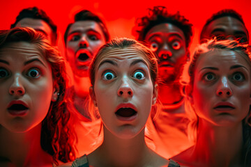 A group of people are staring at something with wide eyes