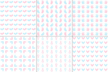 Gender Party Seamless Pattern Collection. Boy or Girl Reveal, Pink and Blue Endless Repeating Background Set. Baby Cute Backdrop with Footprint, Hand Palm, Heart, Male and Female Symbols.