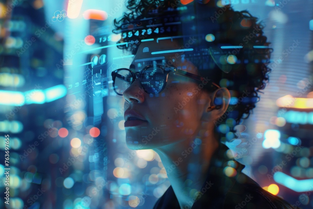Poster futuristic workspace. woman coding with holographic keyboard - a woman immersed in a high-tech works