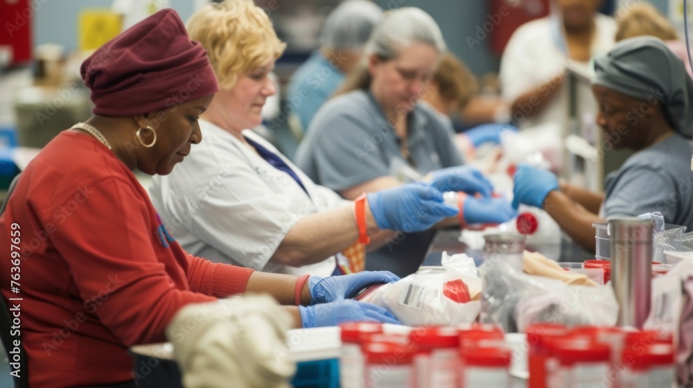 Aufkleber at a bustling donation center nurses quickly move from donor to donor efficiently collecting and lab