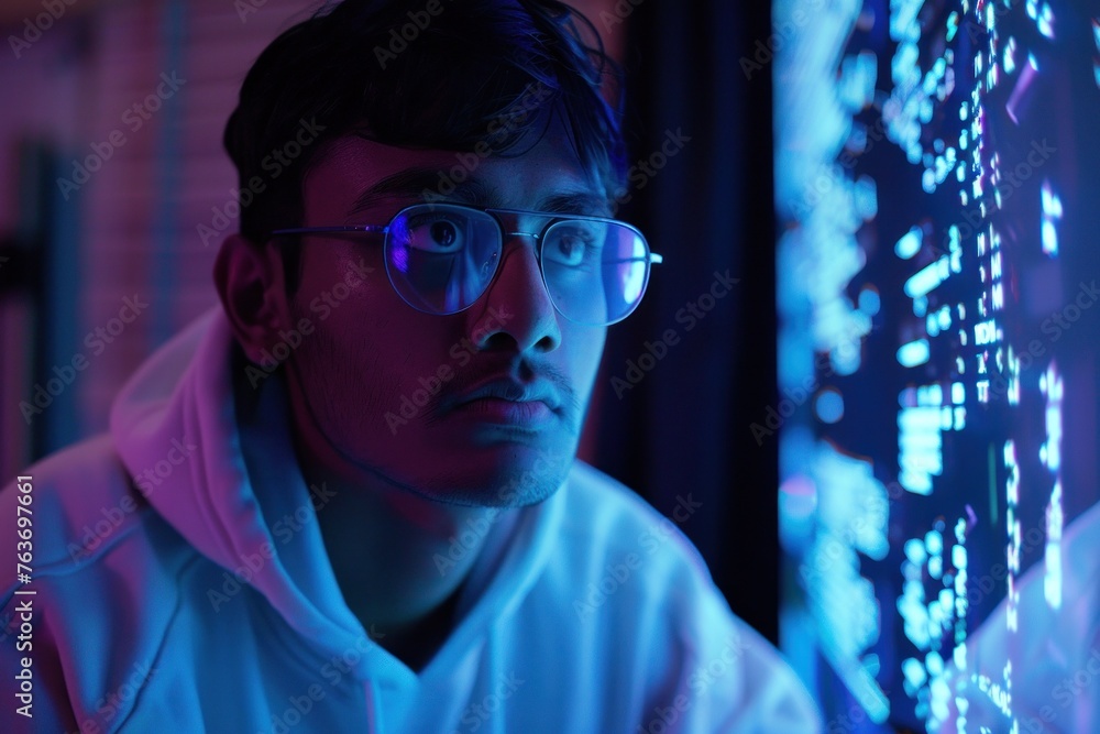 Poster young south asian programmer working on holographic display in a cyberpunk neon aesthetic, deep in p