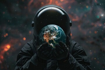 Astronaut Cradling Earth - Photorealistic scene with a touch of surrealism, reminiscent of classic space exploration imagery.