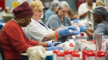 At a bustling donation center nurses quickly move from donor to donor efficiently collecting and labeling bags of . The donors from various walks of life sit together with