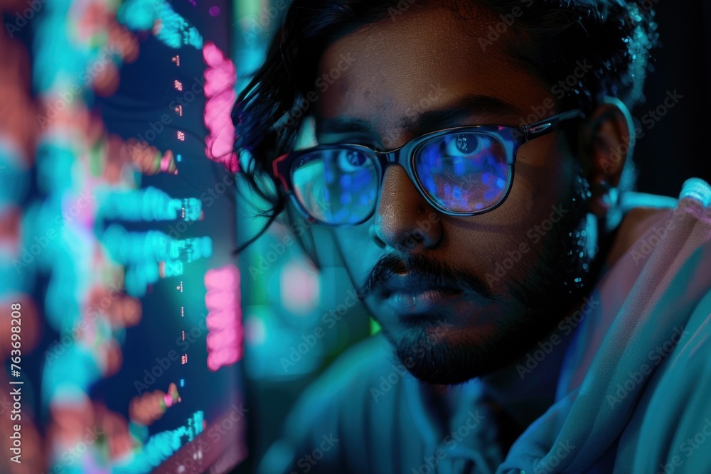 Poster young programmer focused on a holographic display of complex code in a dimly lit room with a cyberpu